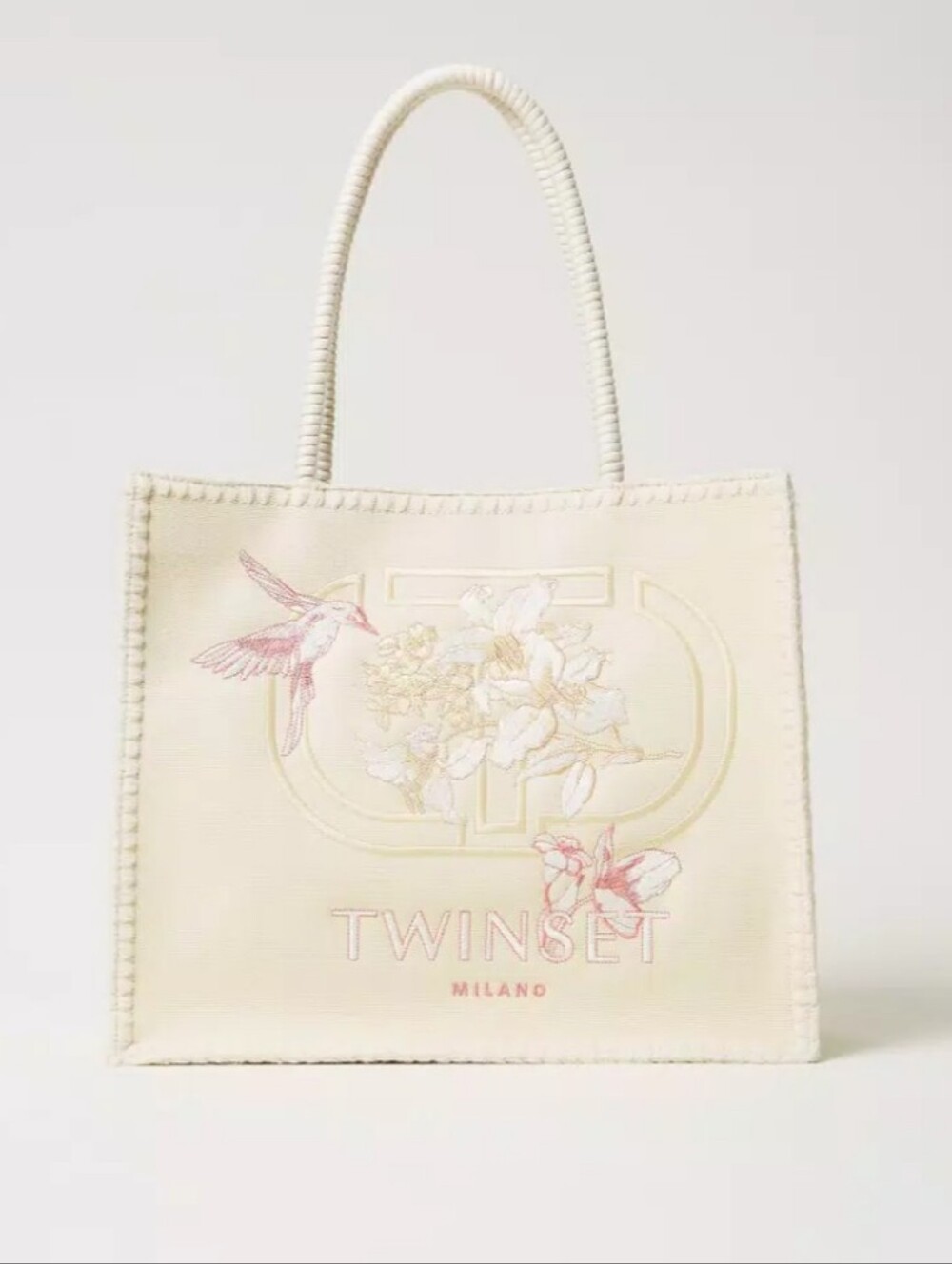 Twin-Set Cream Floral Embroidered Tote with Pink Accents